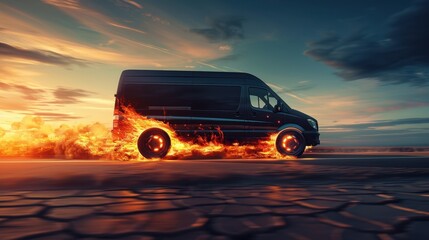 The black van on fire