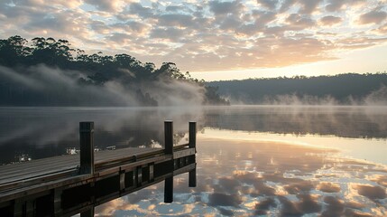 Misty Morning Sunrise Over a Lake With a Wooden Dock