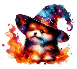 Adorable Puppy Witch with Flames and a Galaxy Hat - A cute puppy wearing a witch's hat decorated with a galaxy, surrounded by magical flames, symbolizes the fusion of fantasy, magic