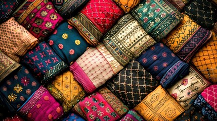 Close-up view of colorful fabrics folded in a traditional Indian market, showcasing a variety of intricate designs and patterns