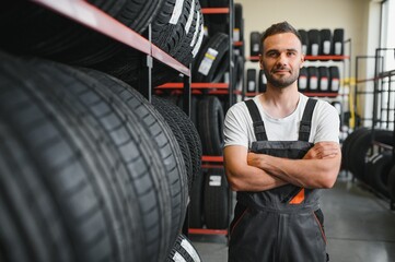 Aufkleber - mechanic in blue uniform standing at stock tyre