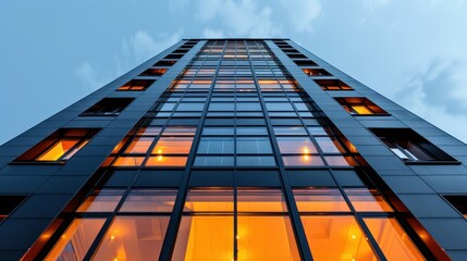 Low angle view of a modern glass and steel skyscraper with warm interior lights.