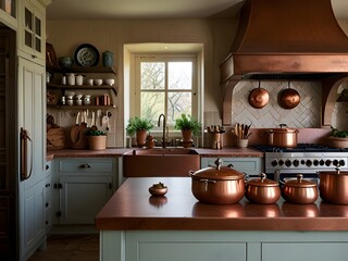 Wall Mural - French country kitchen with copper cookware, generative AI