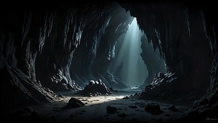 a dark cave with a ray of light shining through the entrance.