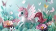 © QuietWord - baby winged unicorn in enchanted flower garden, cute paper cut style illustration, nursery baby animal concept,