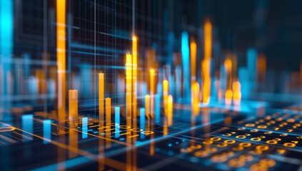 background of digital bar charts glowing in blue and yellow