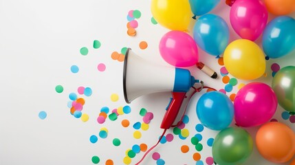 Wall Mural - party balloons and megaphone and space for text against color background