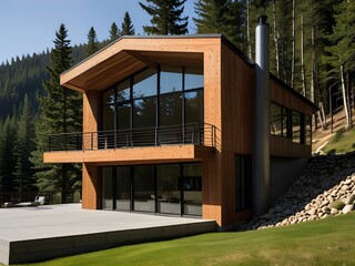 Wall Mural - Contemporary mountain retreat with panoramic windows , generative AI