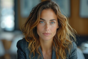 Close-up portrait of a woman with wavy hair and blue eyes, looking directly at the camera, sitting in a modern interior setting.