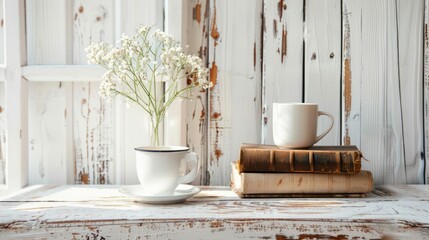 Cozy white wooden table setup with books, supplies, and copy space