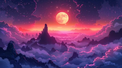 A large full moon illuminates a mountain range shrouded in a sea of pink and purple clouds under a starry night sky