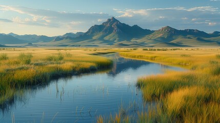 Wall Mural - serene sunset over a winding river in the mountain valley