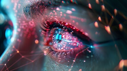 Closeup of a Futuristic Augmented Eye with Advanced Cybernetic Details and Automation in Business Processes. Technology Background