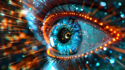 Closeup of a Futuristic Augmented Eye with Advanced Cybernetic Details and Automation in Business Processes. Technology Background