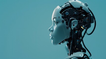 Side view of the face of a female robot. Digital cyborg. High-tech AI bot on a blue background a technology style. Illustration for poster, banner, brochure, cover, and presentation.