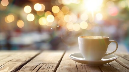 Sticker - Close up coffee cup on wooden surface with blurred backdrops Idea of morning coffee