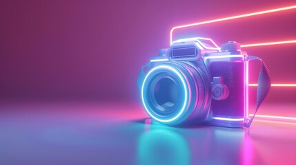 Wall Mural - Retro Camera with Neon Lights on a Reflective Surface in a Futuristic Setting