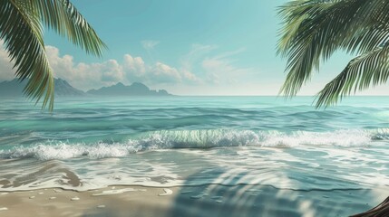 Wall Mural - Tranquil Tropics Serene Beach Oasis with Gentle Waves and Lush Palm Trees for Ultimate Relaxation and Vacation Vibes