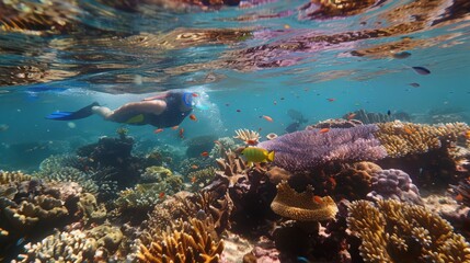 Wall Mural - A snorkeler explores vibrant coral gardens in clear tropical waters, encountering colorful fish and marine creatures.