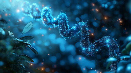 Wall Mural - Modern science wallpaper with an abstract DNA helix and genetic structures on a blue background, focusing on biotechnology, medicine, and futuristic digital research.