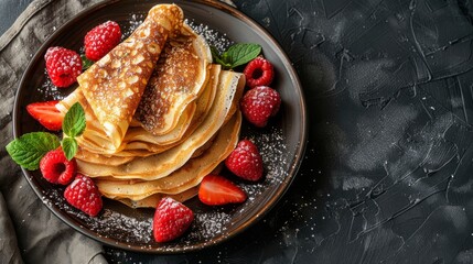 Wall Mural - A stack of golden brown crepes dusted with powdered sugar and topped with fresh berries and mint