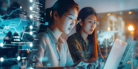 Wall Mural - Software developers working late using laptop computer programming code