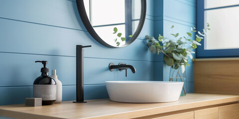 Aufkleber - Modern bathroom interior with blue plank walls and vessel sink