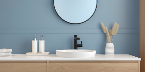 Aufkleber - Modern bathroom interior with sink and mirror featuring blue walls