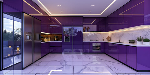 Aufkleber - Luxurious and modern kitchen boasting purple flat panel cabinets and a marble floor