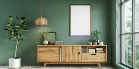 Aufkleber - Modern interior living room with empty frame hanging on green wall
