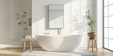 Wall Mural - Modern minimalist bathroom with freestanding bathtub and large window allowing sunlight