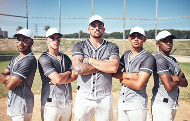 Sticker - Baseball, team and portrait on field with people, confident and serious competition match outside. Training exercise, support and arms crossed together, softball and group with catchers glove or bat