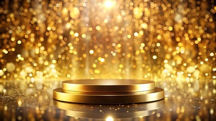 golden podium with gold gold bokeh lights background with luxury concept