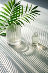 Sticker - Glass bottles and palm leaves casting shadows.