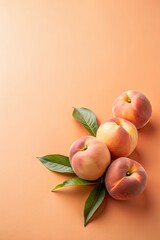 Sticker - Peaches with leaves on a warm background.