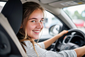 A beautiful young woman smiling while driving her car, enjoying the journey