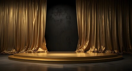 Golden cloth design stage on grungy floor display backdrop with presentation and gold luxury curtain product background stand or podium pedestal.