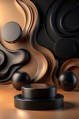 Canvas Print - Abstract sculpture with smooth black and gold shapes.