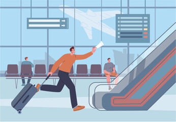 Sticker - Person hurry on board. Man with ticket and suitcase run to escalator in airport. Travel tourism or business trip. Waiting room and passengers kicky vector scene