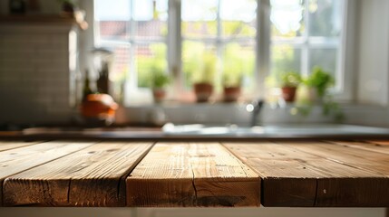 Wooden table with blurred kitchen window background