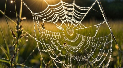 Dew-covered Spider Web at Sunrise, Nature, Morning, Sunlight, Dewdrops, Cobweb, Macro Photography, Sparkling, Grass, Golden Light