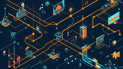 Sticker - an infographic illustrating IP routing, showing the process of data packets traveling from source to destination across various network nodes