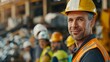 © AI Visual Vault - Confident Construction Worker: A portrait of a hardworking construction worker in a yellow hard hat and safety vest, radiating confidence and determination, with a team of colleagues in the background