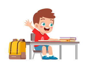 Wall Mural - little kid study on desk and raise hand to answer question