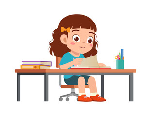 Sticker - little kid study on desk and feel happy