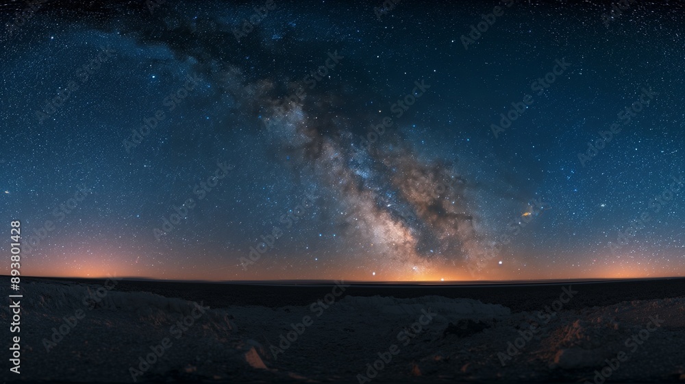 A breathtaking panoramic night sky with the Milky Way glowing brightly ...