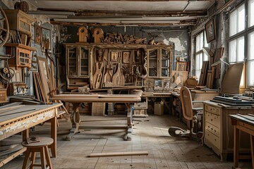 Vintage wooden workshop with furniture and instruments in an old house.