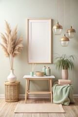 Poster - Modern interior decor with a mirror and hanging lights.