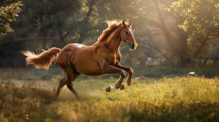 Poster - A brown horse is running through a field of grass