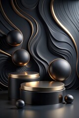 Sticker - Sleek black and gold abstract composition with spheres.